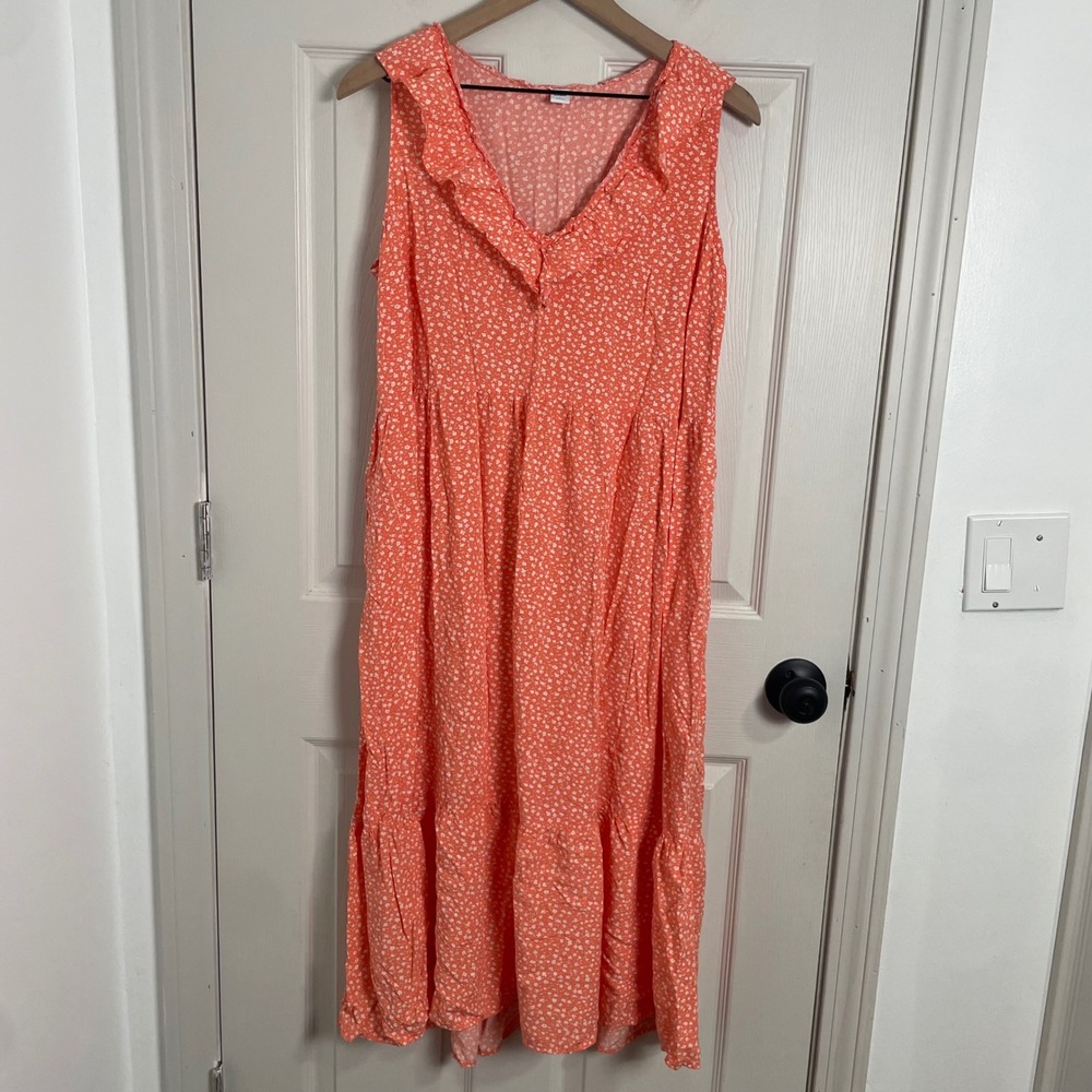 Old Navy Midi Dress Womens Large Orange Floral Ruffle V-Neck Tiered Summer Boho